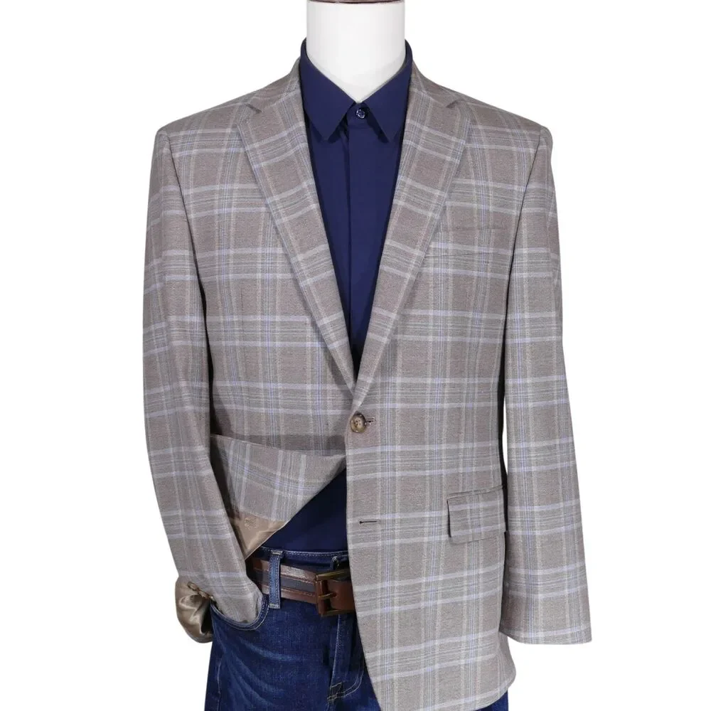 Lauren Ralph Lauren Sport Coat Blazer Mens 38R Beige Blue Plaid Two Button